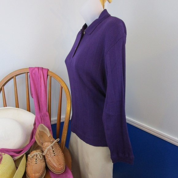 🌟HP🌟 Vintage Long Sleeve Rib Knit Purple Polo - Picture 3 of 7